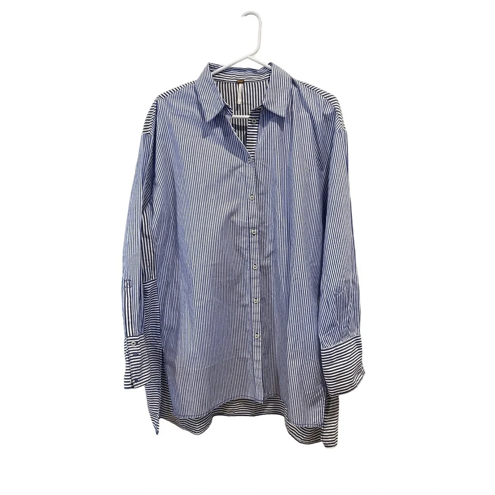 Free People Striped Button Down Shirt Oversized Blue White Long Sleeve Size S